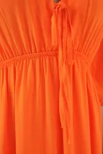 2570 Kadın Beli Büzgülü V Yaka Elbise - Turuncu