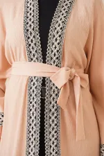 5865 Embroidered Knitted Long Kimono - Biscuit