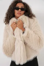 5186 Double Breasted Plush Fur Coat - Cream