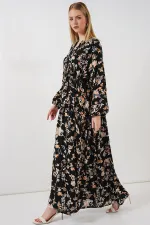 Women's Patterned Long Hijab Dress 2585 - V. Black