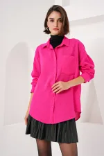 20153 Tek Cepli Oversize Keten Gömlek - Fuşya