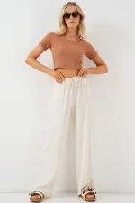 Kadın Yüksek Bel Bol Paça Pantolon - Krem