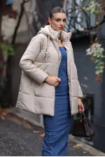 5163 Kapüşonlu Oversize Şişme Mont - Bej