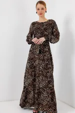 2145 Desenli Tesettür Elbise - C. Kahverengi