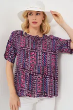 Kadın Desenli Kısa Kol Bluz 969 - Bordo