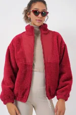 5194 Women's Plush Coat Jacket - Light Claret Red