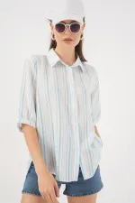 Chemise rayée à manches courtes pour femme 20345 - Bleu clair