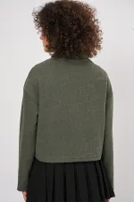 55449 Zippered Collar Knitted Sweatshirt - Khaki