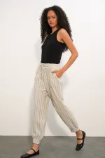 Pantalon rayé en lin pour femme 30102 - Noir