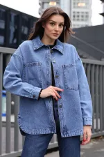 0694 Double Pocket Oversize Denim Jacket - Navy Blue 0694 Double Pocket Oversize Denim Jacket - Navy Blue