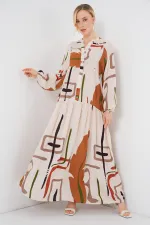 Kadın Desenli Uzun Tesettür Elbise 2585 - A.KREM