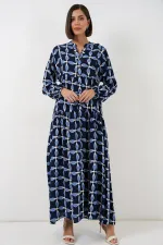 Kadın Desenli Uzun Tesettür Elbise 2585 - M. Lacivert