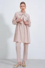 Ensemble pantalon et tunique en maille crème pour femme 6654