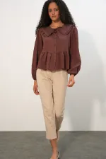 Women's Peter Pan Collar Shirt Blouse 993 - Brown