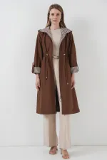 9091 Beli Büzgülü Kapşonlu Trençkot - M. Kahverengi