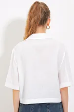 Kadın Beyaz Çift Düğmeli Oversize Crop Keten Ceket 0706