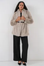 Kadın Kemerli Oversize Kürklü Kaban 9156 - Taş