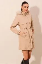 Manteau à capuche en fausse fourrure 9129 - Beige