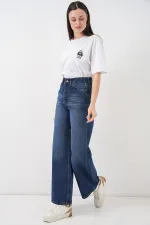 Kadın Bol Paça Yüksek Bel Palazzo Kot Pantolon 6656 - Lacivert