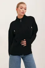 15862 Cardigan en tricot zippé avec poches détaillées - Noir