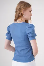 0409 Chemisier tricoté à col carré - Indigo