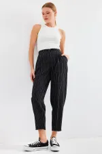 6637 High Waist Striped Fabric Trousers - Black