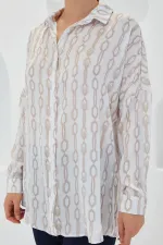 Women's Beige White Patterned Oversize Satin Shirt 3985