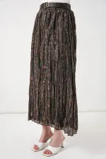 Kadın Kemerli Desenli Etek 8074 - Füme