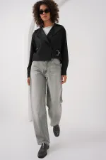 0712 Kruvaze Yaka Kısa Trençkot - Siyah