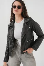 1025 Suni Deri Biker Ceket - Siyah