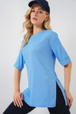 4332 Yanı Yırtmaçlı Örme Tişört - B.Mavi