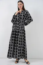 Kadın Desenli Uzun Tesettür Elbise 2585 - Siyah1