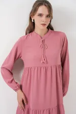 T1627 Yaka Bağcıklı Elbise - Gül Kurusu