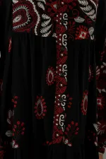 2423 Otantik Desenli Tesettür Elbise - Siyah - Bordo