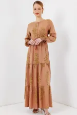 2145 Desenli Tesettür Elbise - Bisküvi