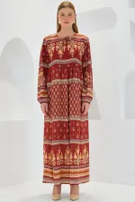 Kadın Kiremit Bej Desenli Uzun Viskon Elbise 1947