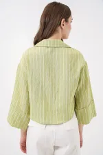 Kadın Çizgili Oversize Kısa Gömlek 20326 - E.Yeşil