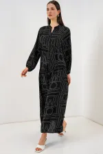 Kadın Desenli Uzun Tesettür Elbise 2585 - Siyah10