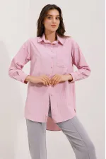 20217 Cep Detaylı Çizgili Oversize Gömlek - Pudra