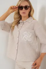 Kadın Tek Cep Nakışlı Gömlek 20328 - Bej