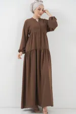 2527 Kadın Uzun Tesettür Elbise - Kahverengi