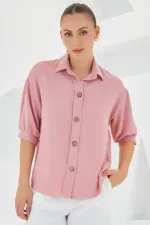 Kadın Pembe Kısa Kol Oversize Keten Gömlek 20240