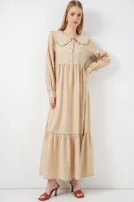 Kadın Bebe Yaka Uzun Tesettür Elbise 2592 - Bej