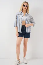 Kadın Çizgili Kısa Kol Gömlek 20344 - Lacivert
