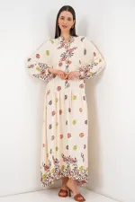 Kadın Desenli Uzun Tesettür Elbise 2585 - Kiremit