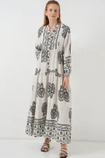 Kadın Desenli Uzun Tesettür Elbise 2585 - Taş