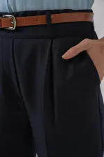 6686 Kadın Pileli Kemerli Kumaş Pantolon - Lacivert