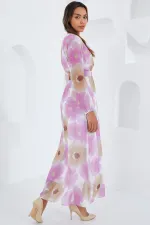 Women's Pink Beige Floral Patterned Chiffon Dress 2134