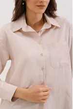 20217 Cep Detaylı Çizgili Oversize Gömlek - Bej