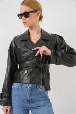 Kemerli Siyah Suni Deri Ceket 0698